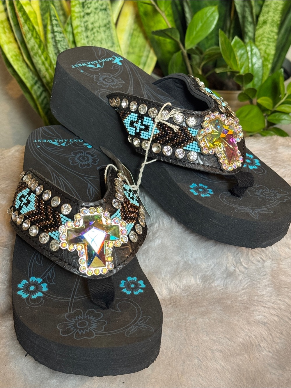 Montana West Black Wedge Cross Jeweled Accent & Beaded Strap Sandal - Size 8